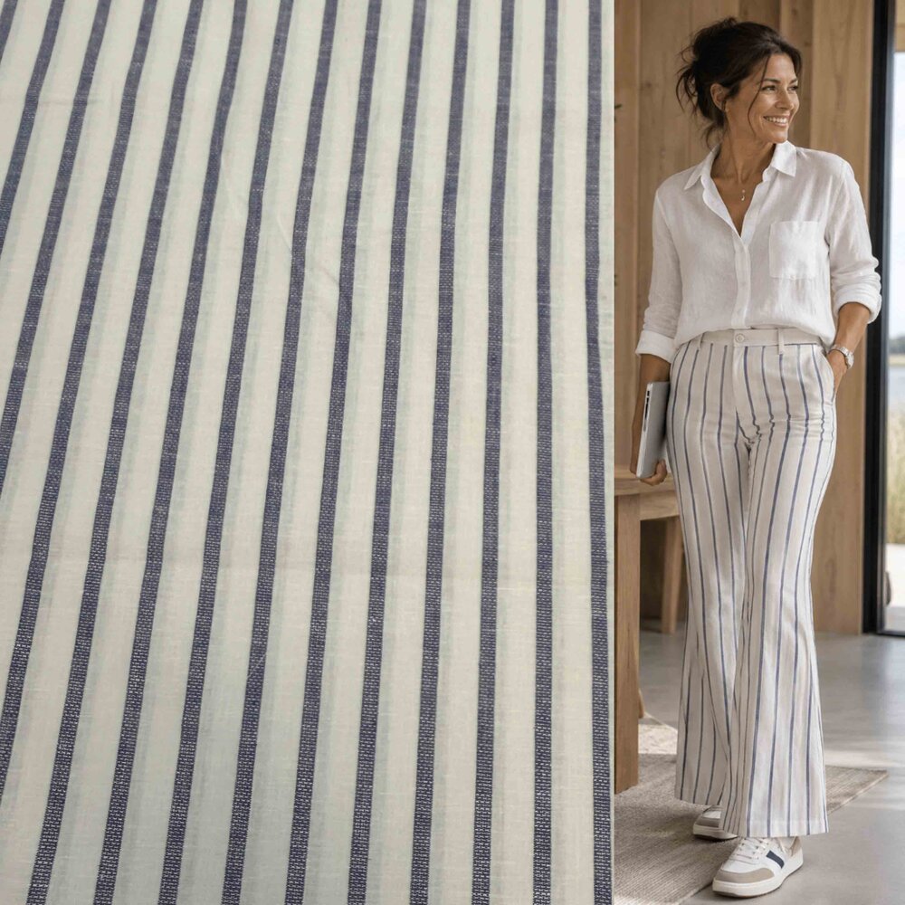 Rayures en coton et lin tissé 5594 - blanc bleu Rayures en coton et lin tissé 5594 - blanc bleu