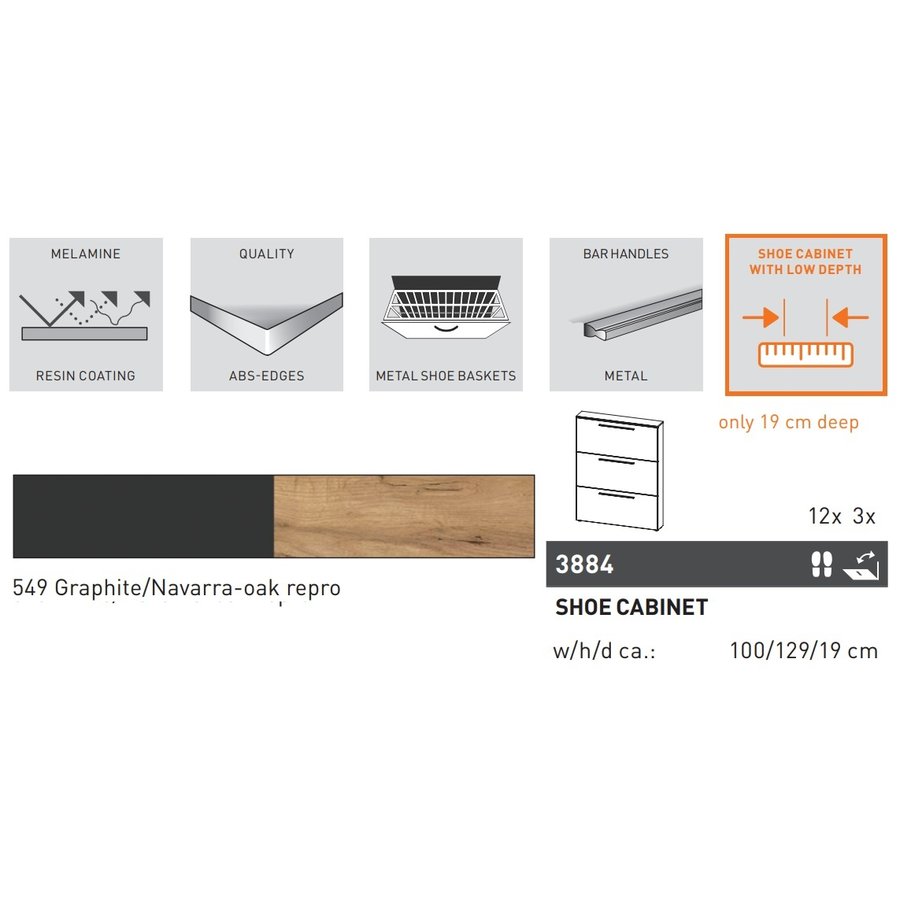 Wildomar Schoenenkast 3 Kleppen Grafiet / Eiken Wildomar Schoenenkast 3 Kleppen Grafiet / Eiken