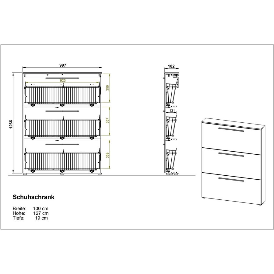 Wildomar Schoenenkast 3 Kleppen Grafiet / Eiken Wildomar Schoenenkast 3 Kleppen Grafiet / Eiken