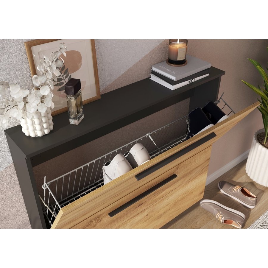 Wildomar Schoenenkast 2 Kleppen Grafiet / Eiken Wildomar Schoenenkast 2 Kleppen Grafiet / Eiken