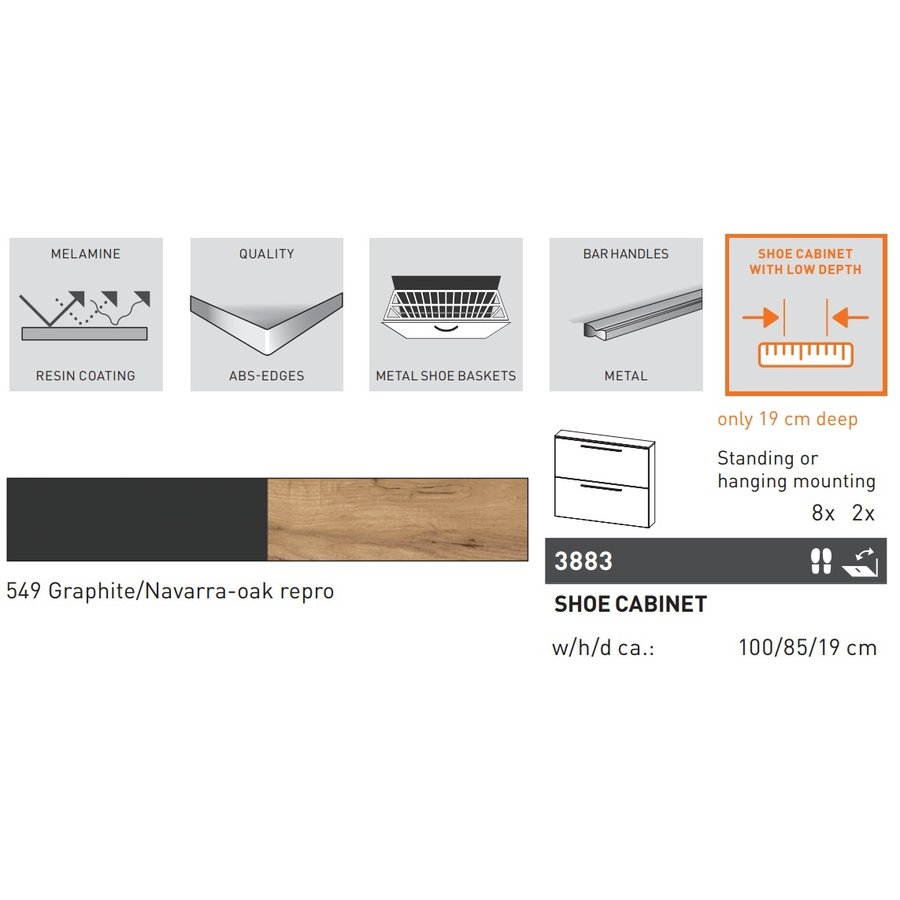 Wildomar Schoenenkast 2 Kleppen Grafiet / Eiken Wildomar Schoenenkast 2 Kleppen Grafiet / Eiken