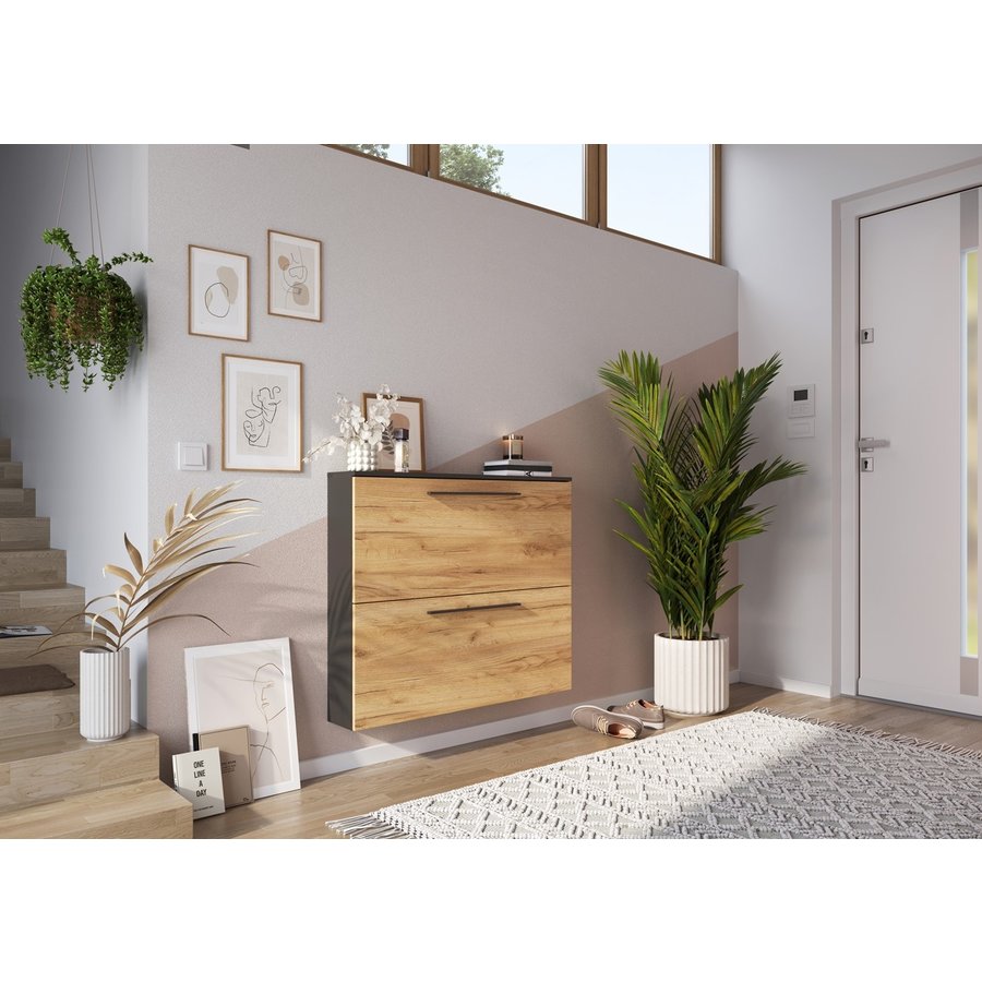 Wildomar Schoenenkast 2 Kleppen Grafiet / Eiken Wildomar Schoenenkast 2 Kleppen Grafiet / Eiken