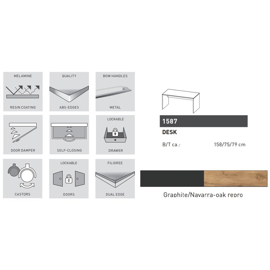 Pasadena Bureautafel Grafiet / Eiken Pasadena Bureautafel Grafiet / Eiken