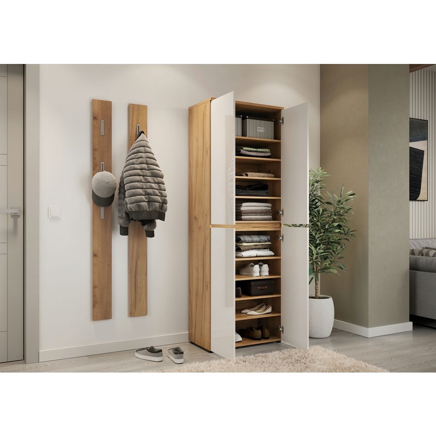 Calvera Schoenenkast 4-Deuren Hoogglans Wit / Eiken Calvera Schoenenkast 4-Deuren Hoogglans Wit / Eiken