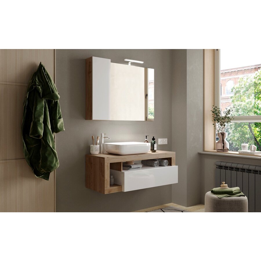 Hamburg 110 cm Wit/Eiken Badkamer Spiegel met Kast Hamburg 110 cm Wit/Eiken Badkamer Spiegel met Kast