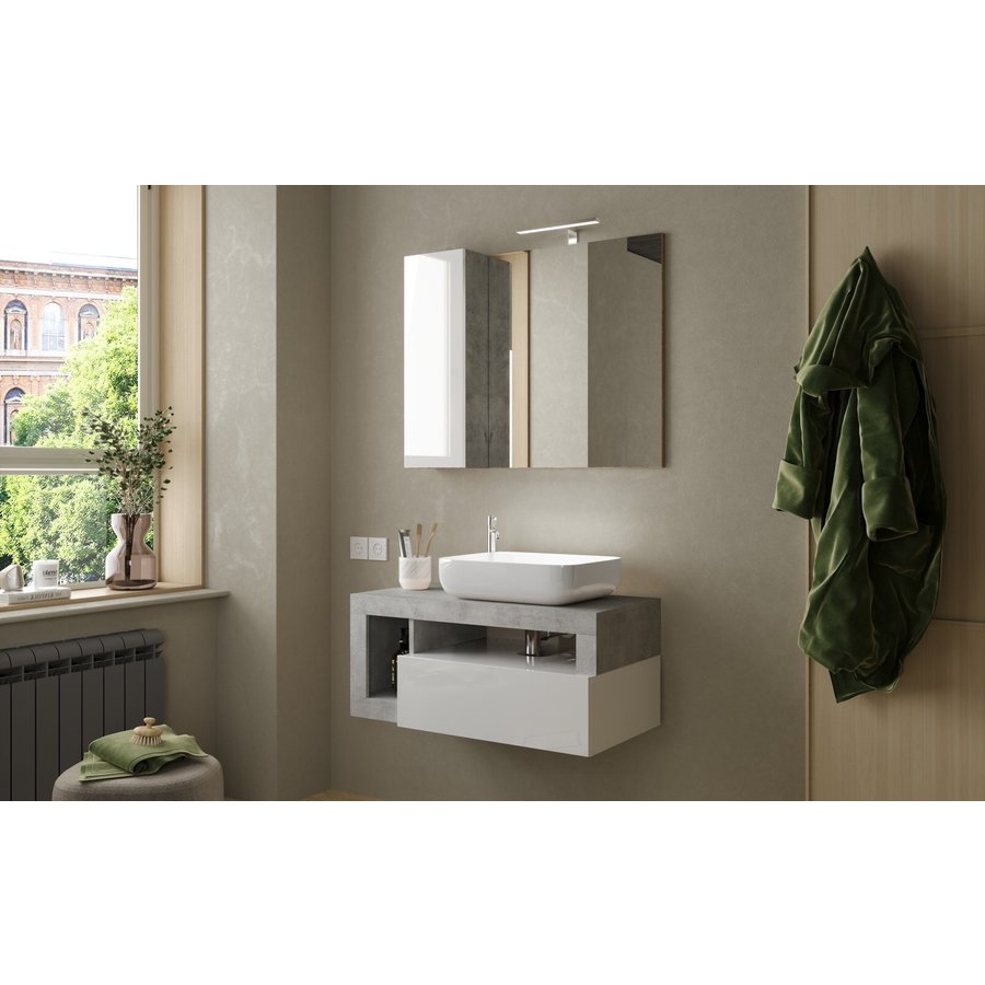 Hamburg 92 cm Wit/Beton Badkamer Spiegel met Kast Hamburg 92 cm Wit/Beton Badkamer Spiegel met Kast