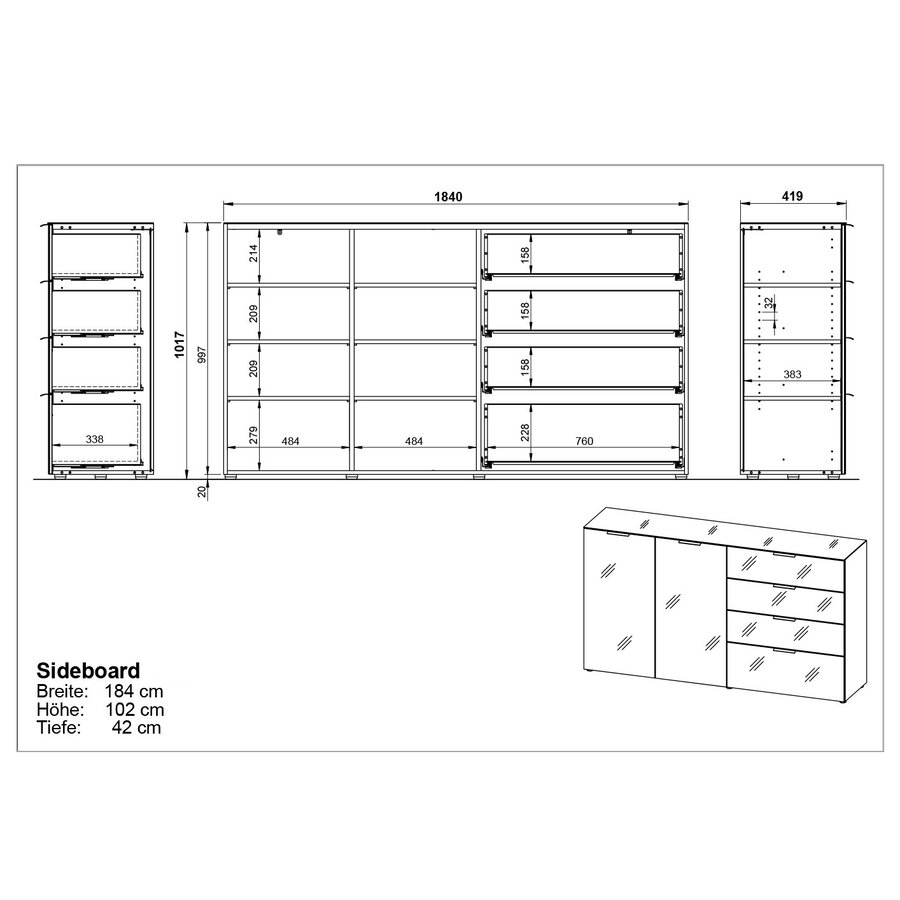 Oakland Grafiet/Zilvergrijs Dressoir 2-Deuren 4-Lades Oakland Grafiet/Zilvergrijs Dressoir 2-Deuren 4-Lades