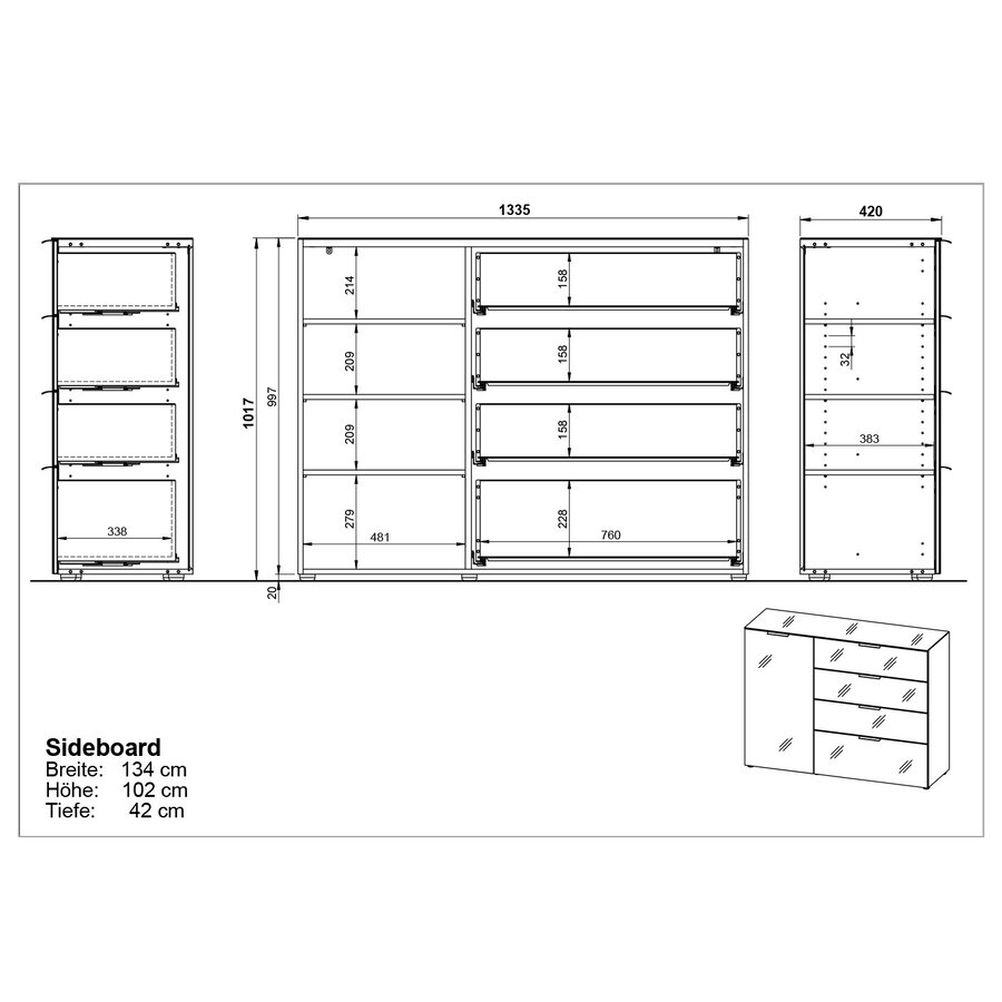 Oakland Grafiet/Zilvergrijs Dressoir 1-Deur 4-Lades Oakland Grafiet/Zilvergrijs Dressoir 1-Deur 4-Lades