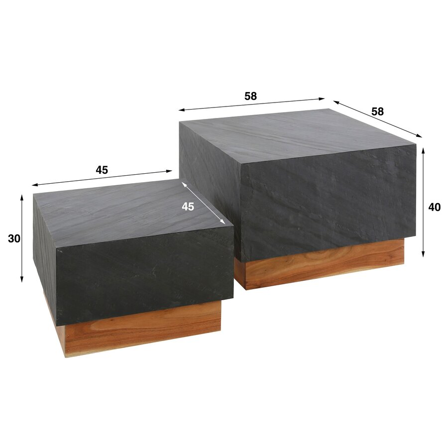 Pier Leisteen/Acacia Hout Salontafel Set Blok Pier Leisteen/Acacia Hout Salontafel Set Blok