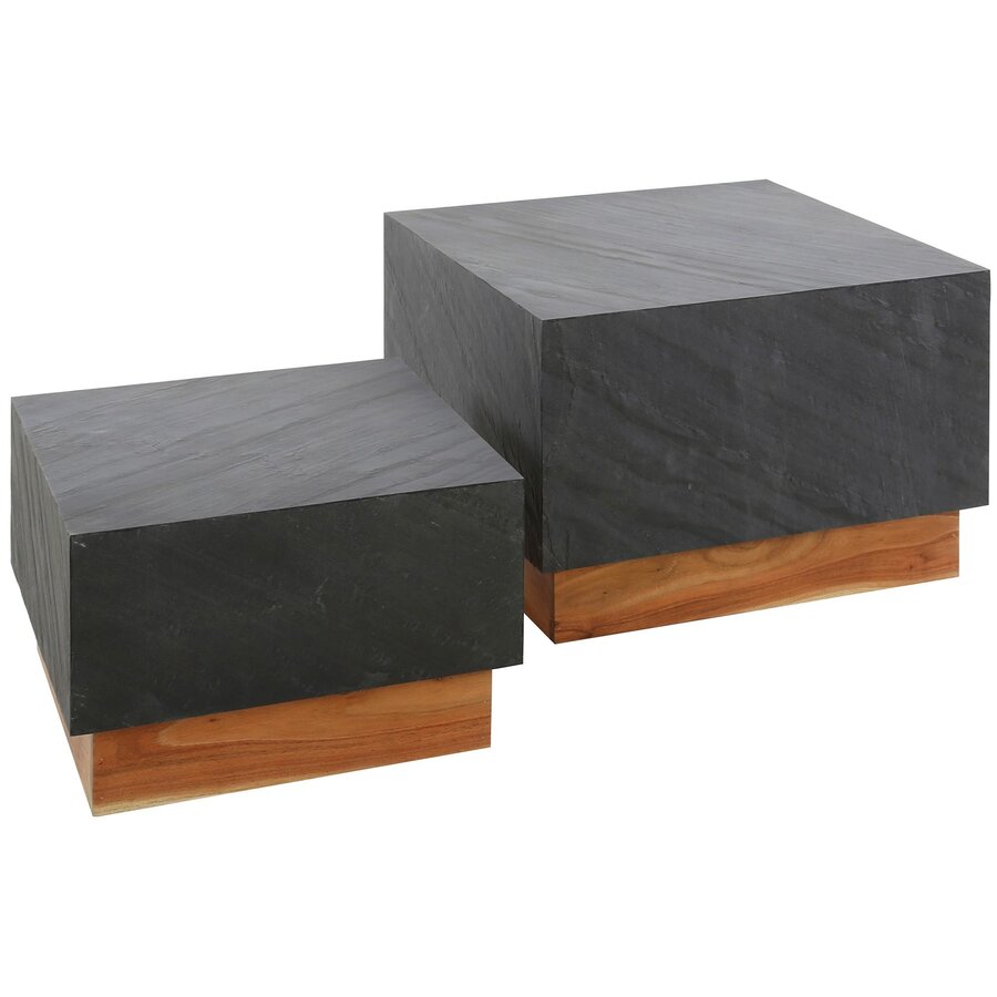 Pier Leisteen/Acacia Hout Salontafel Set Blok Pier Leisteen/Acacia Hout Salontafel Set Blok