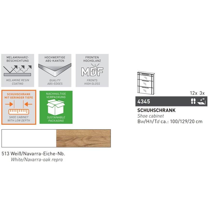 Astona HG Wit / Eiken Schoenenkast 3-Kleppen Astona HG Wit / Eiken Schoenenkast 3-Kleppen