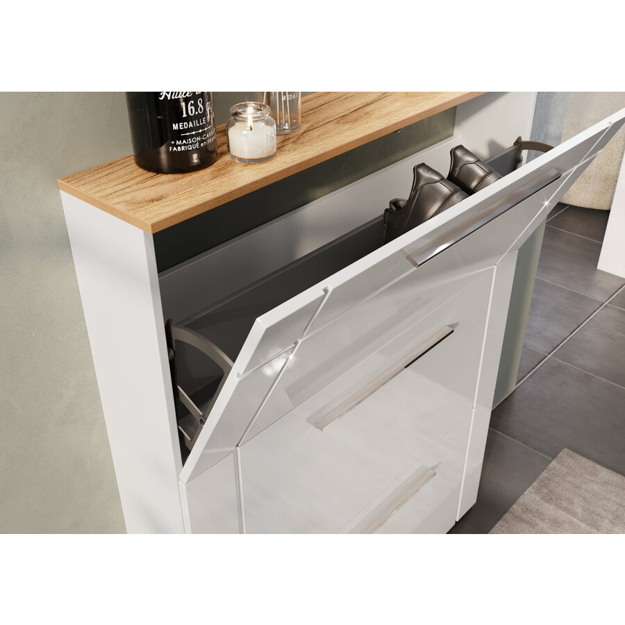 Astona HG Wit / Eiken Schoenenkast 3-Kleppen Astona HG Wit / Eiken Schoenenkast 3-Kleppen