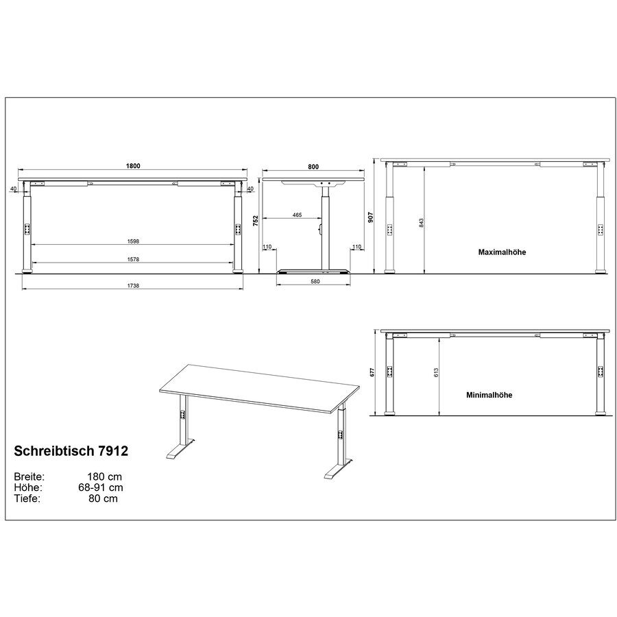 Downey 180 cm Wit / Zwart Zit Sta Bureautafel