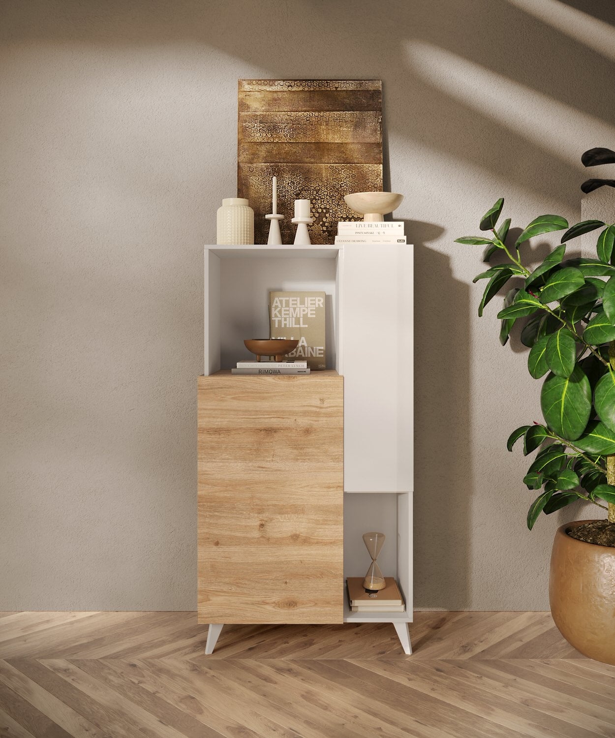 Benvenuto Design Monaco Hoogglans Wit / Kadiz Eiken Opbergkast