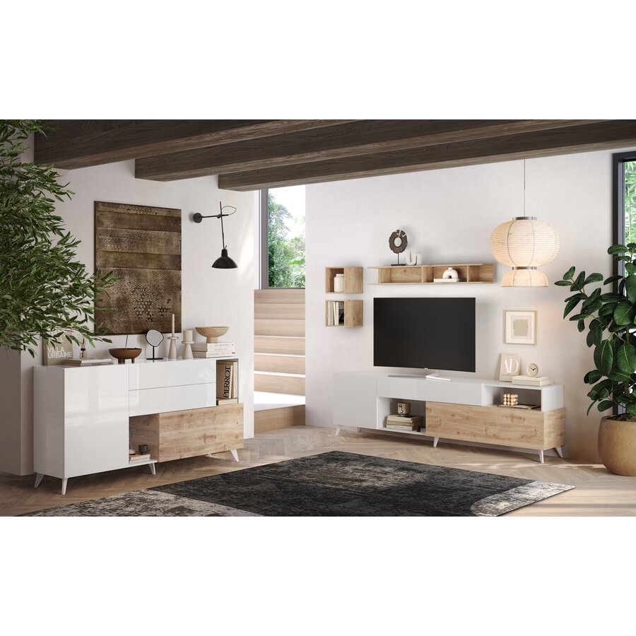 Monaco HG Wit / Kadiz Eiken Dressoir 180 cm Monaco HG Wit / Kadiz Eiken Dressoir 180 cm