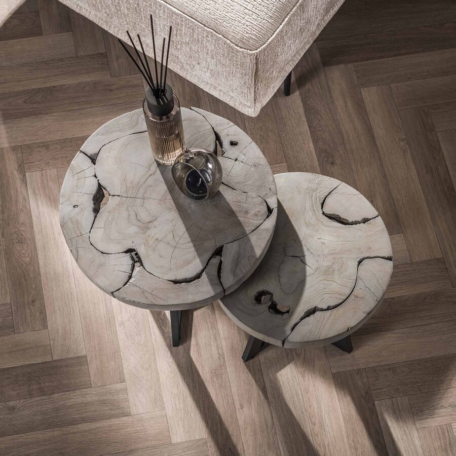 Grey Mix Teak Hout Bijzettafel Set Rond