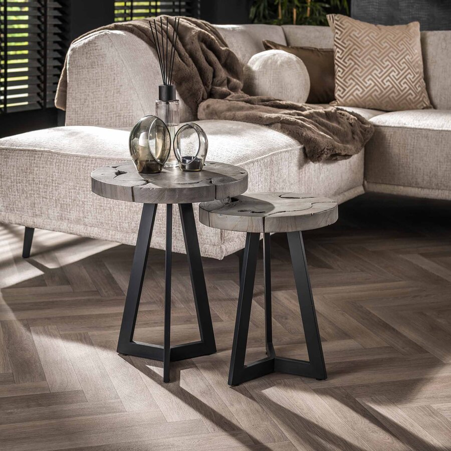 Grey Mix Teak Hout Bijzettafel Set Rond