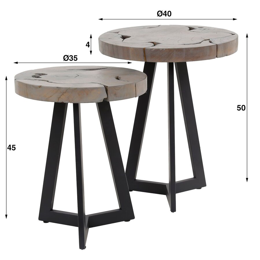 Grey Mix Teak Hout Bijzettafel Set Rond