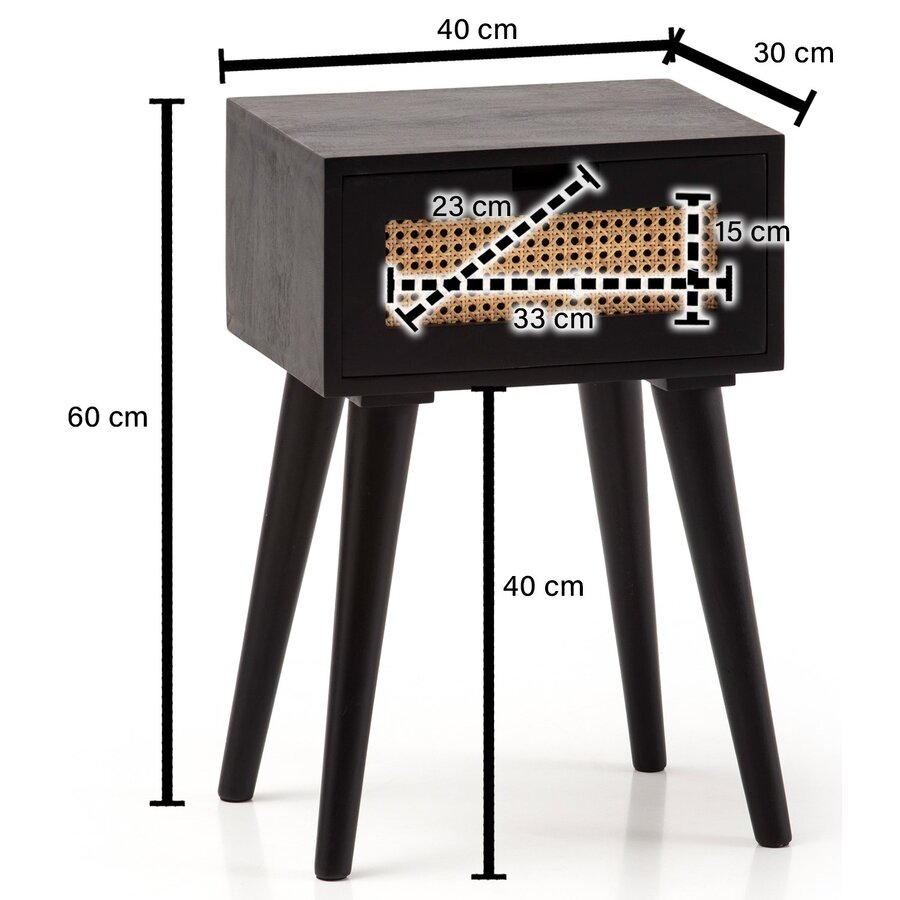 Casiope Zwart Mango / Rattan Nachtkastje