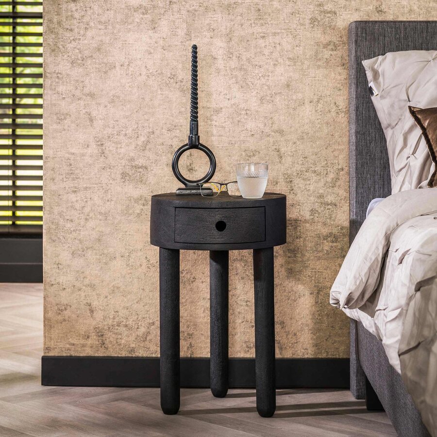 Kohl Zwart Nachtkastje Rond met Lade Kohl Zwart Nachtkastje Rond met Lade