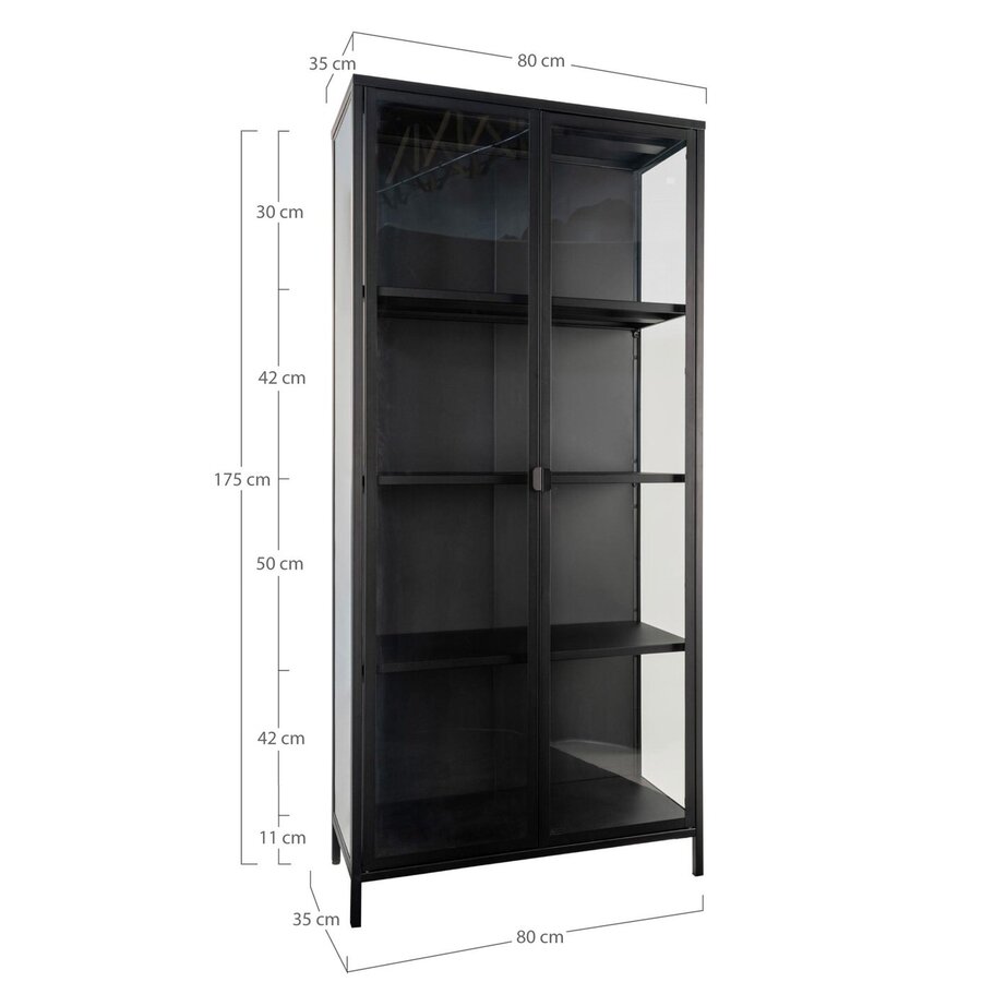 Brisbane Zwart / Glas Vitrinekast H175 cm