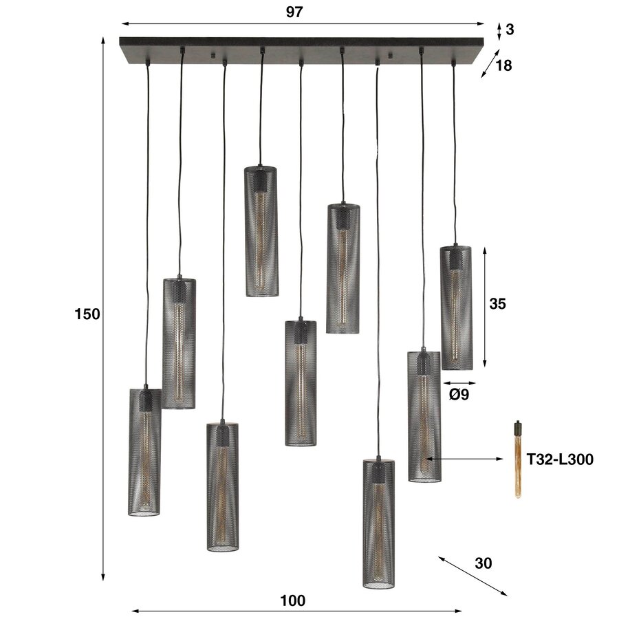 Tube Mesh Hanglamp Artic Zwart 5+4L Tube Mesh Hanglamp Artic Zwart 5+4L