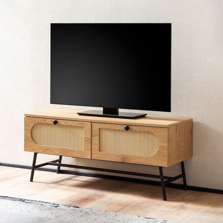 Nazar Eiken / Rattan TV-Meubel met 2-Lades Nazar Eiken / Rattan TV-Meubel met 2-Lades