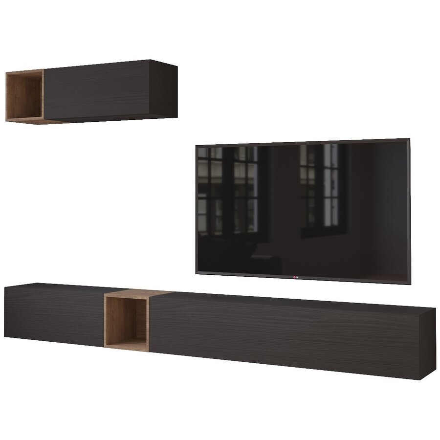 Palermo 235 cm Nero Zwart / Eiken TV Wandmeubel Palermo 235 cm Nero Zwart / Eiken TV Wandmeubel