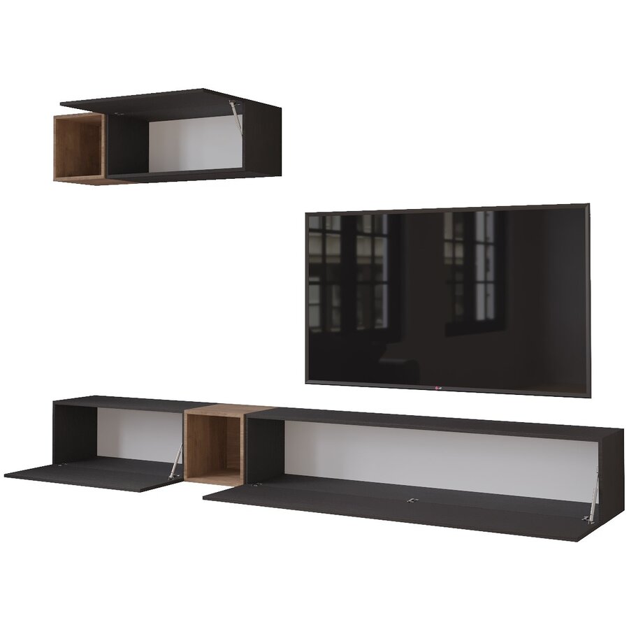 Palermo 235 cm Nero Zwart / Eiken TV Wandmeubel Palermo 235 cm Nero Zwart / Eiken TV Wandmeubel