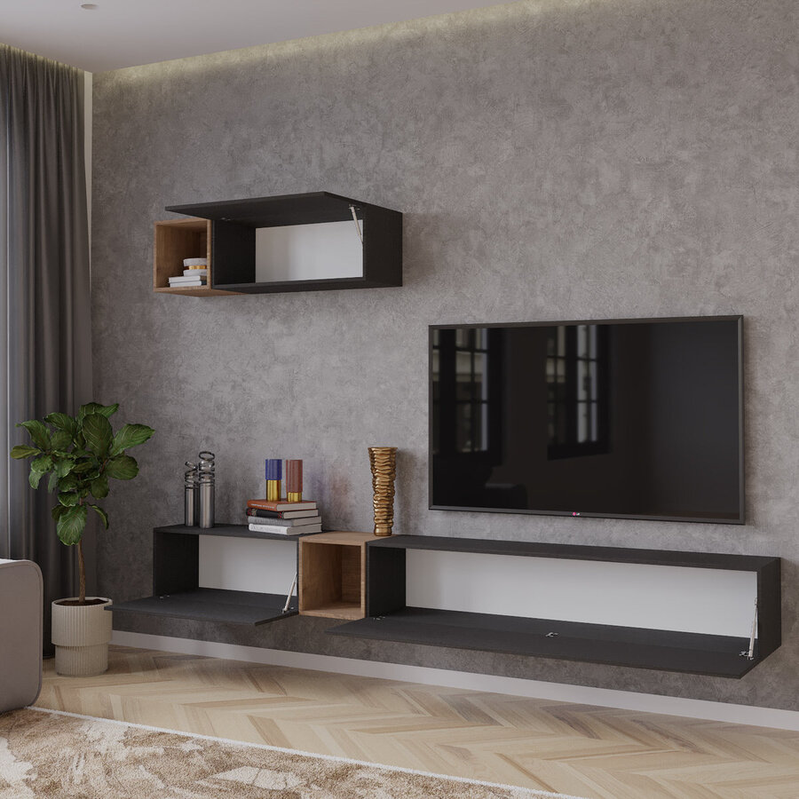 Palermo 235 cm Nero Zwart / Eiken TV Wandmeubel Palermo 235 cm Nero Zwart / Eiken TV Wandmeubel
