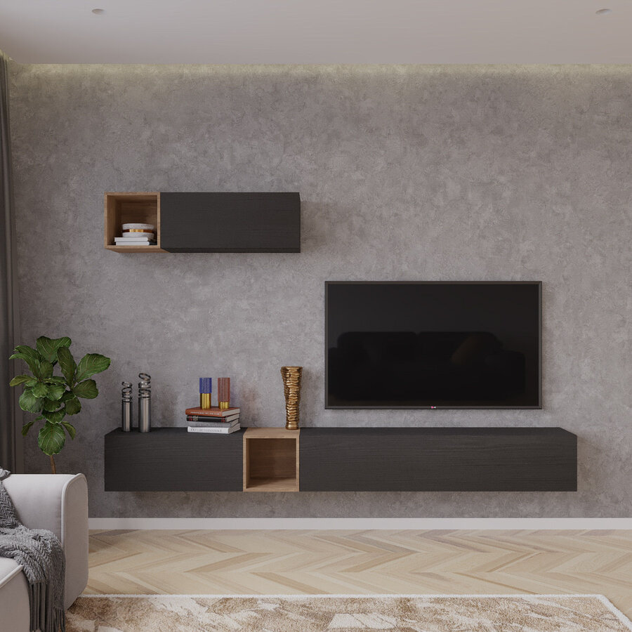Palermo 235 cm Nero Zwart / Eiken TV Wandmeubel Palermo 235 cm Nero Zwart / Eiken TV Wandmeubel