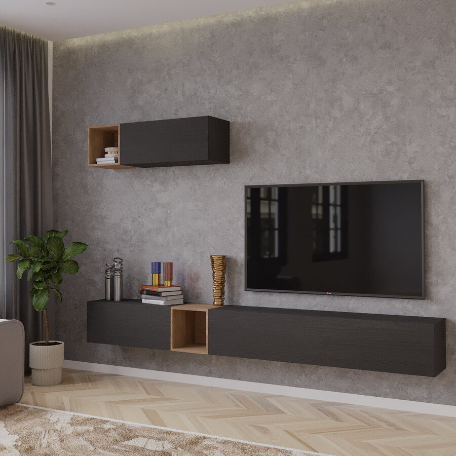 Palermo 235 cm Nero Zwart / Eiken TV Wandmeubel Palermo 235 cm Nero Zwart / Eiken TV Wandmeubel