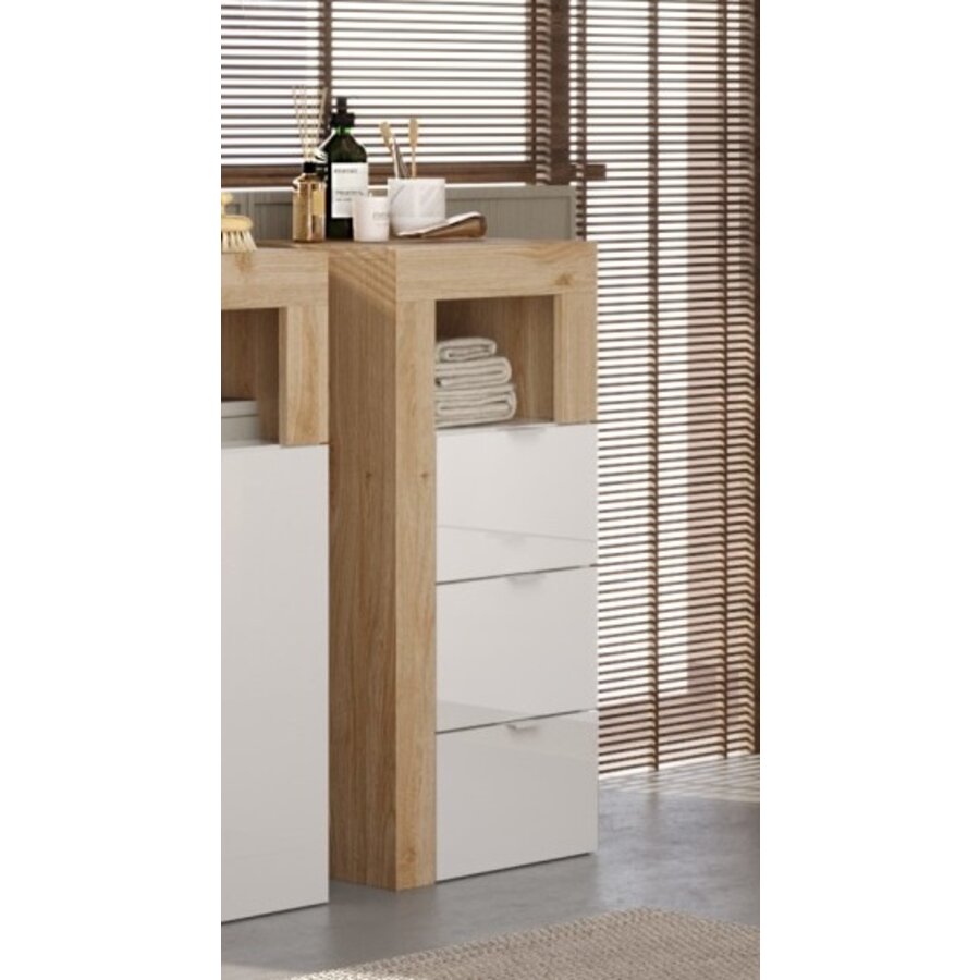Hamburg HG Wit / Eiken Badkamerkast 3-Lades Mini Hamburg HG Wit / Eiken Badkamerkast 3-Lades Mini