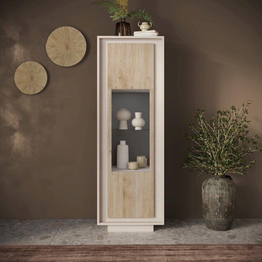 Sky 2.0 Cashmere / Kadiz Eiken Vitrinekast met 1-Deur Sky 2.0 Cashmere / Kadiz Eiken Vitrinekast met 1-Deur