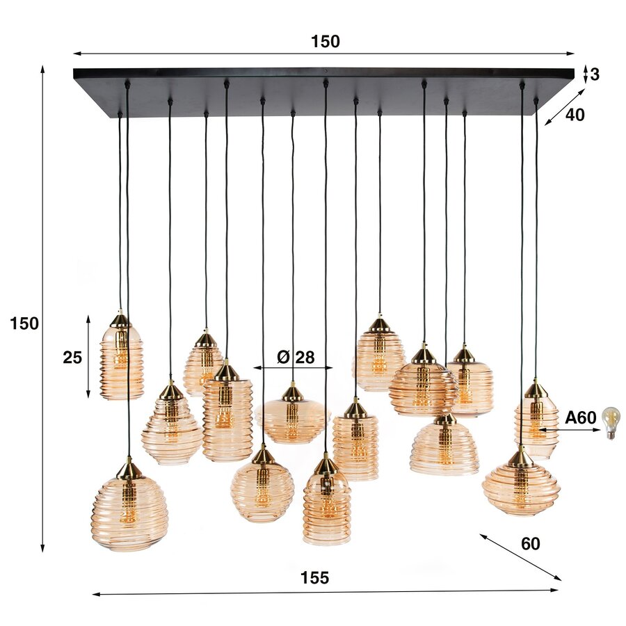 Rib Glazen Hanglamp Amber 5+5+5L Rib Glazen Hanglamp Amber 5+5+5L