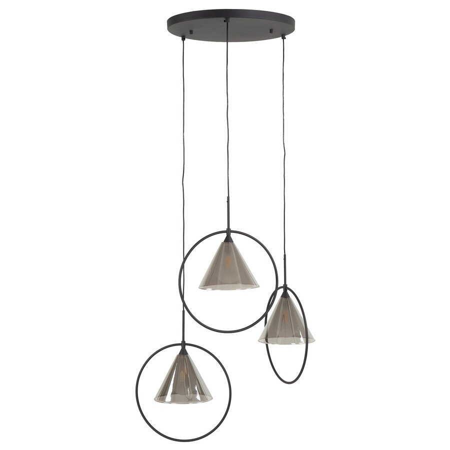 Ring Gerookt Grijs Hanglamp Glazen Tapse Kap 3L Ring Gerookt Grijs Hanglamp Glazen Tapse Kap 3L