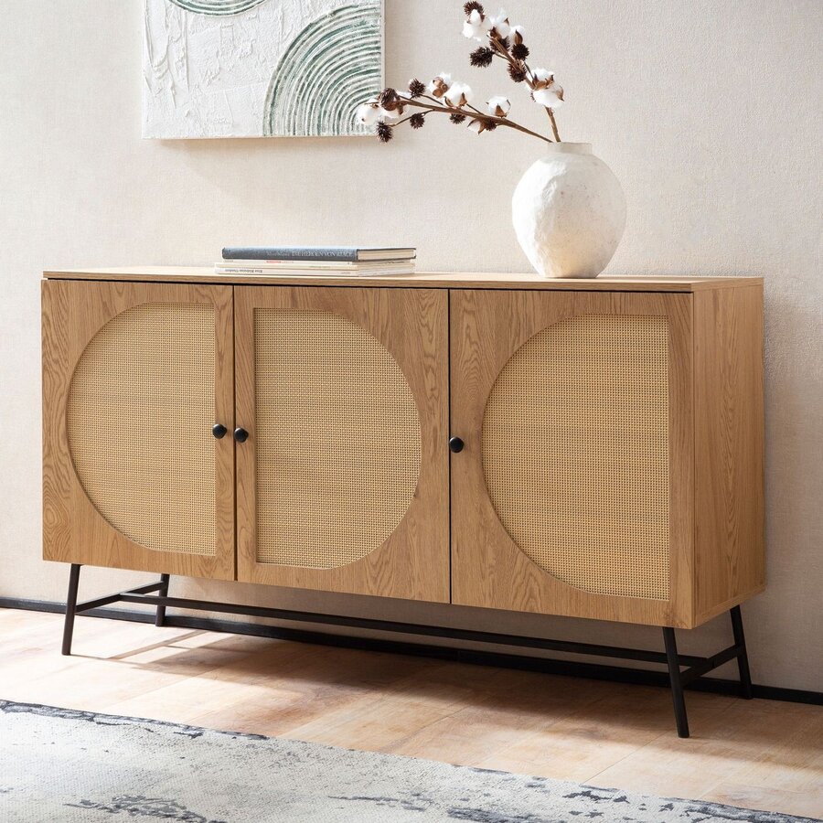 Nazar Eiken / Rattan Dressoir met 3-Deuren Nazar Eiken / Rattan Dressoir met 3-Deuren