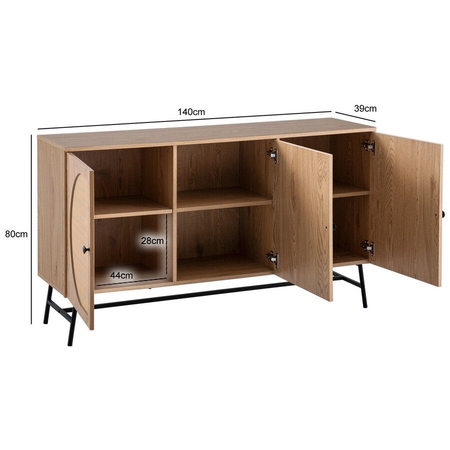 Nazar Eiken / Rattan Dressoir met 3-Deuren Nazar Eiken / Rattan Dressoir met 3-Deuren