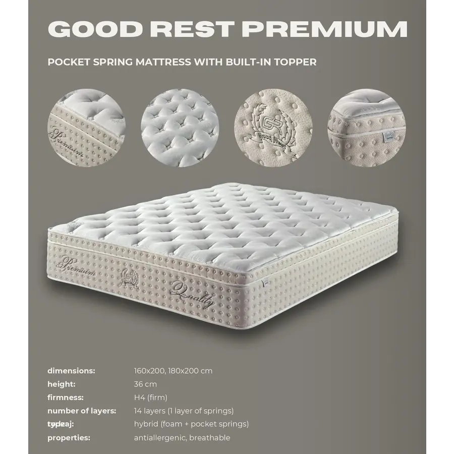 Good Rest Premium 160 x 200 Pocketveringmatras met Ingebouwde Topper Good Rest Premium 160 x 200 Pocketveringmatras met Ingebouwde Topper