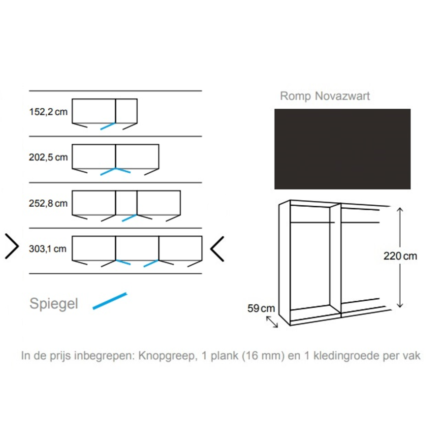 Groevenstructuur Donker/Spiegel Draaideurkast 6 deuren Groevenstructuur Donker/Spiegel Draaideurkast 6 deuren
