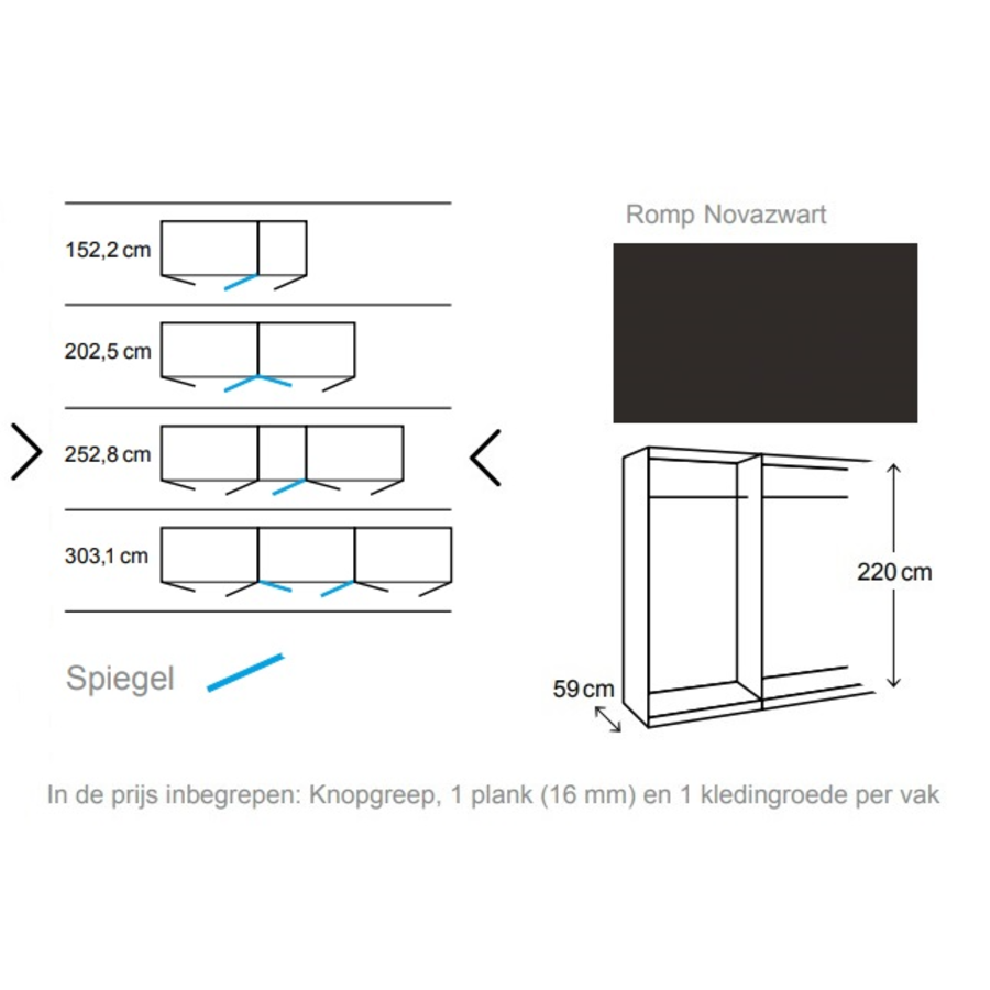Groevenstructuur Donker/Spiegel Draaideurkast 5 deuren Groevenstructuur Donker/Spiegel Draaideurkast 5 deuren