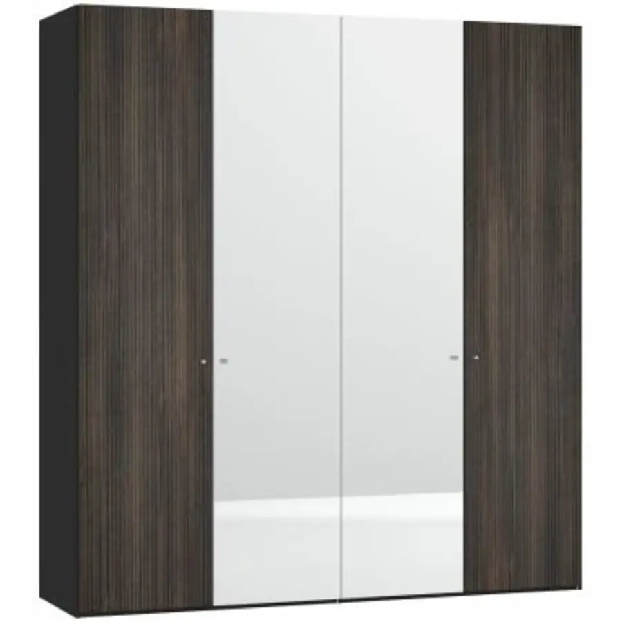 Groevenstructuur Donker/Spiegel Draaideurkast 4 deuren Groevenstructuur Donker/Spiegel Draaideurkast 4 deuren