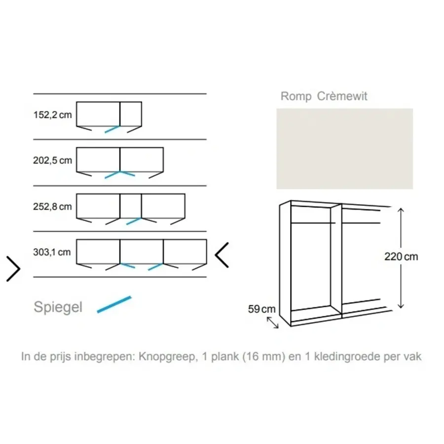 Landhuis Wit/Spiegel Draaideurkast 6 deuren Landhuis Wit/Spiegel Draaideurkast 6 deuren