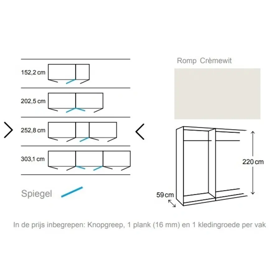 Landhuis Wit/Spiegel Draaideurkast 5 deuren Landhuis Wit/Spiegel Draaideurkast 5 deuren