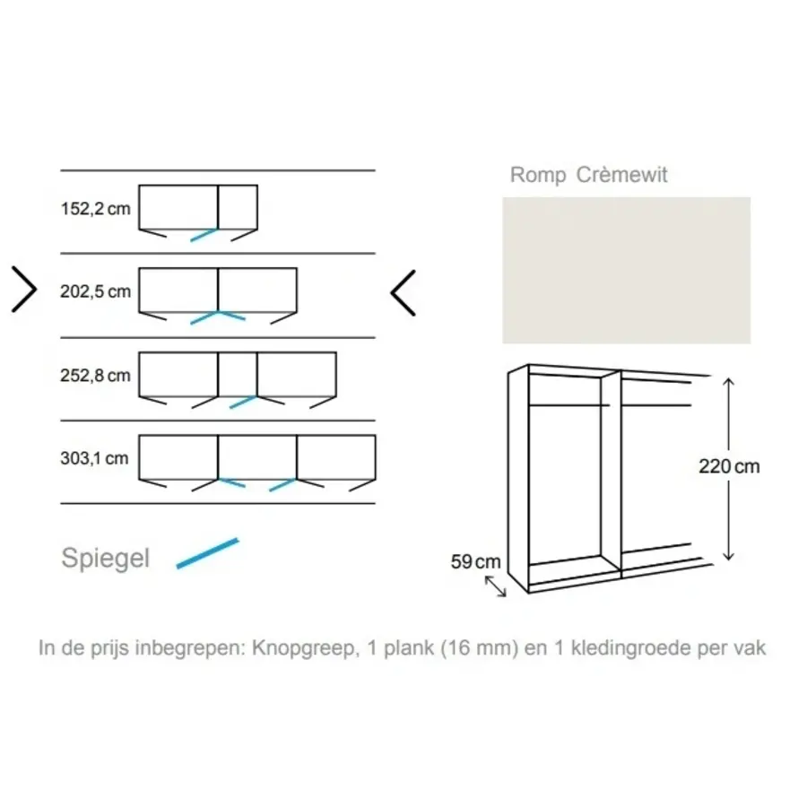 Landhuis Wit/Spiegel Draaideurkast 4 deuren Landhuis Wit/Spiegel Draaideurkast 4 deuren