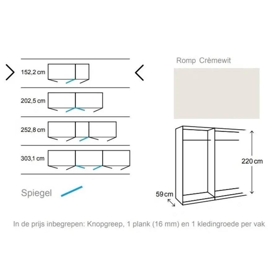 Landhuis Wit/Spiegel Draaideurkast 3 deuren Landhuis Wit/Spiegel Draaideurkast 3 deuren
