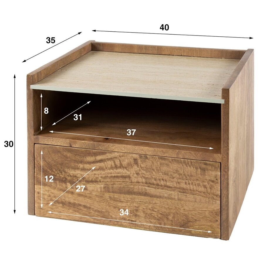 Nuovo Hangend Nachtkastje Mango/Travertin met Open Vak Nuovo Hangend Nachtkastje Mango/Travertin met Open Vak