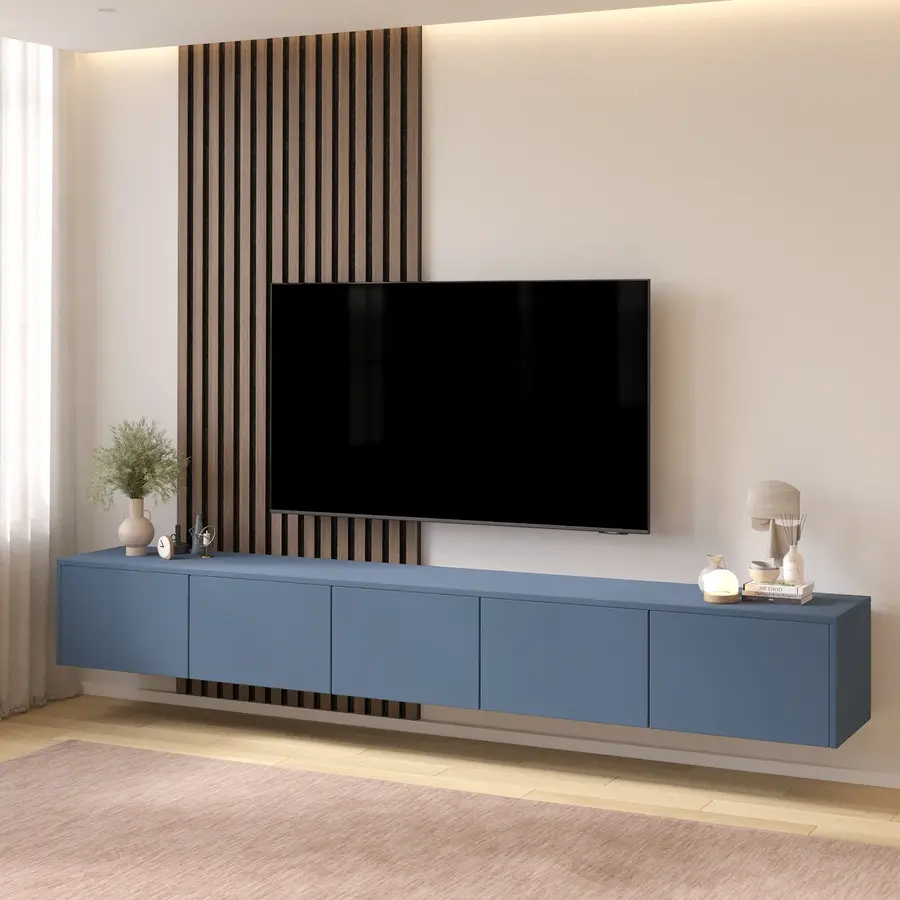 Hugo 253 cm TV Wandmeubel Turin Rookblauw Hugo 253 cm TV Wandmeubel Turin Rookblauw