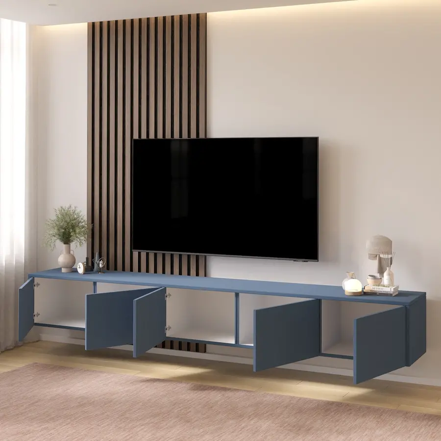 Hugo 253 cm TV Wandmeubel Turin Rookblauw Hugo 253 cm TV Wandmeubel Turin Rookblauw