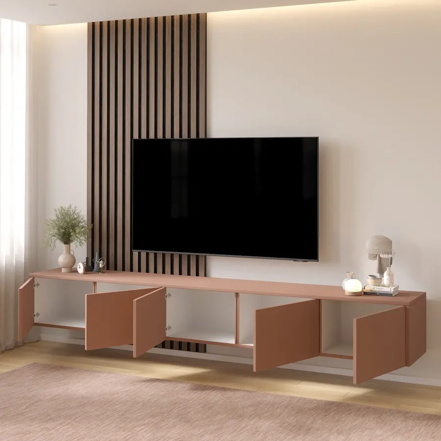 Hugo 253 cm TV Wandmeubel Pastell Abrikoos Hugo 253 cm TV Wandmeubel Pastell Abrikoos
